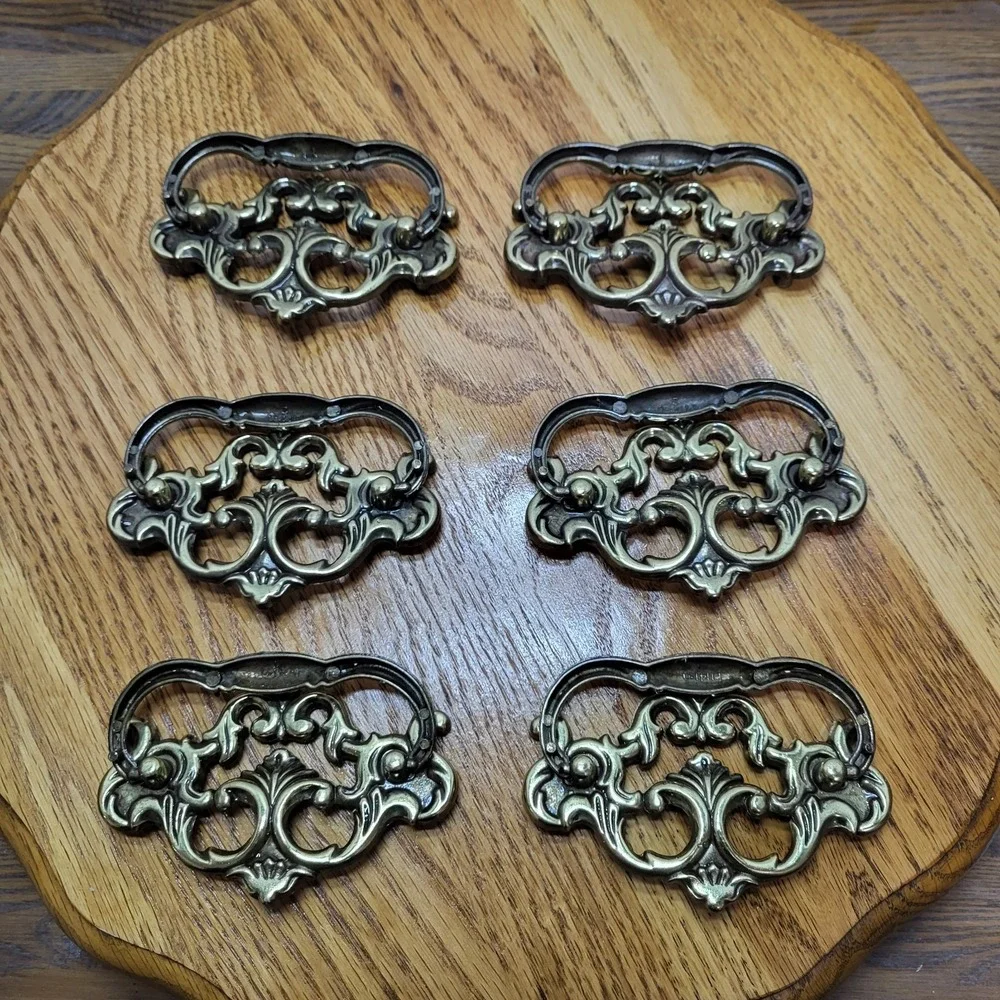 VTG Chunky Large Brass Tone Drop Bail Cabinet Drawer Pulls Handles Lot Set of 6